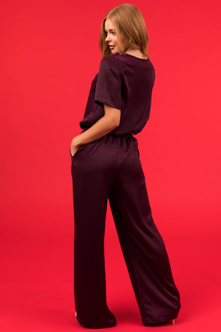 Eggplant Satin Blouse and Wide Leg Pants Set