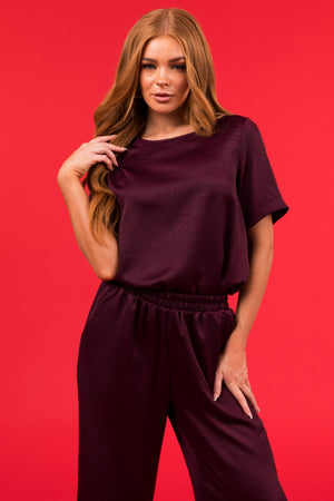 Eggplant Satin Blouse and Wide Leg Pants Set