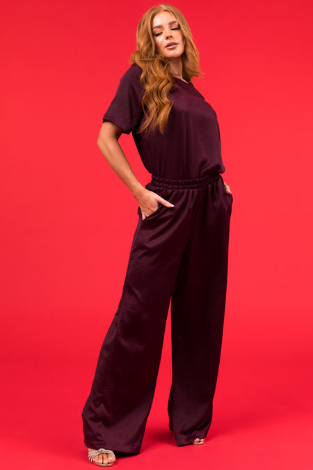 Eggplant Satin Blouse and Wide Leg Pants Set