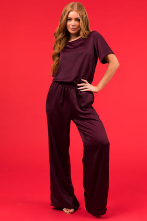 Eggplant Satin Blouse and Wide Leg Pants Set