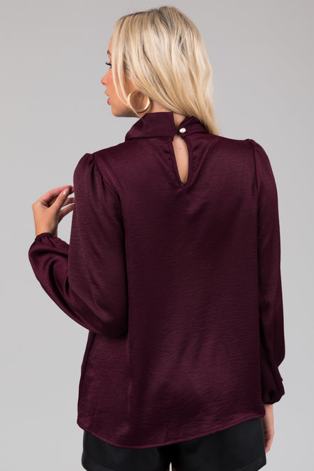 Eggplant Satin Faux Tie Front Blouse