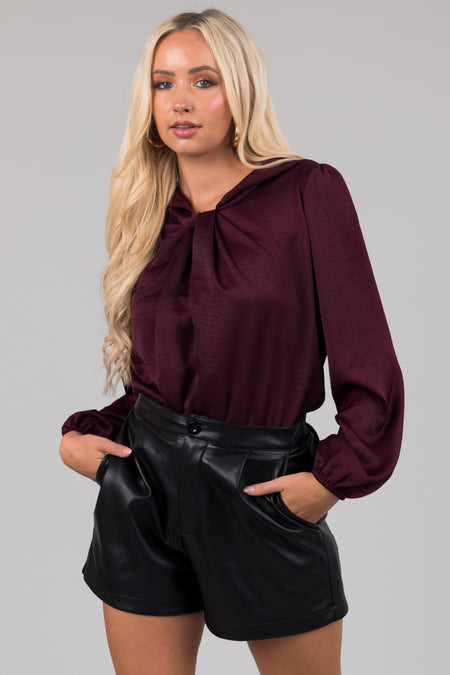 Eggplant Satin Faux Tie Front Blouse