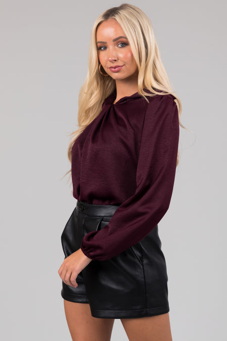 Eggplant Satin Faux Tie Front Blouse