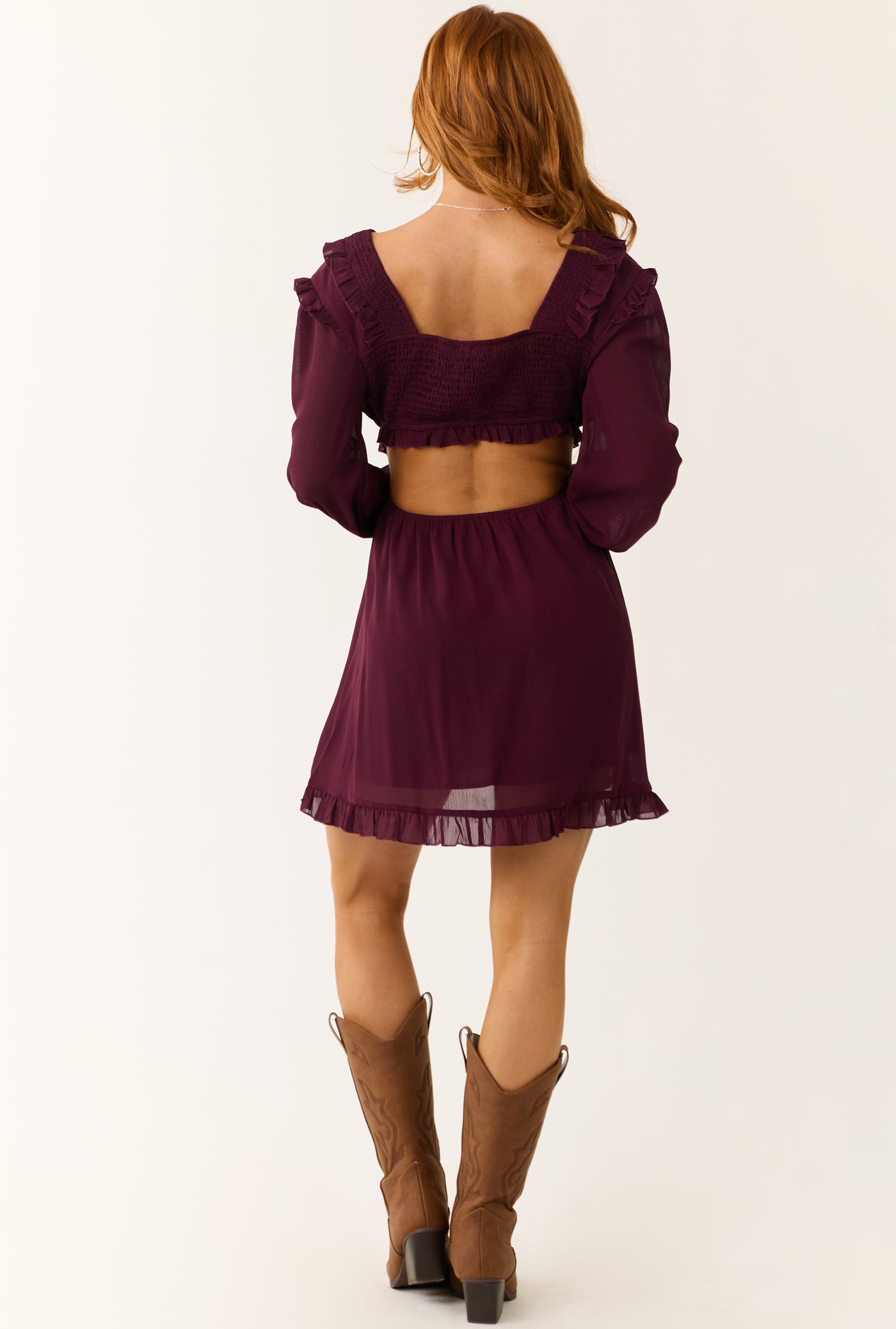 Eggplant Smocked Ruffle Long Sleeve Mini Dress