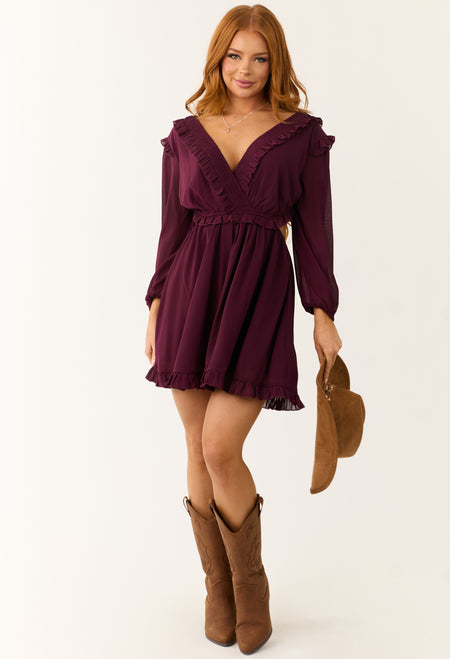 Eggplant Smocked Ruffle Long Sleeve Mini Dress