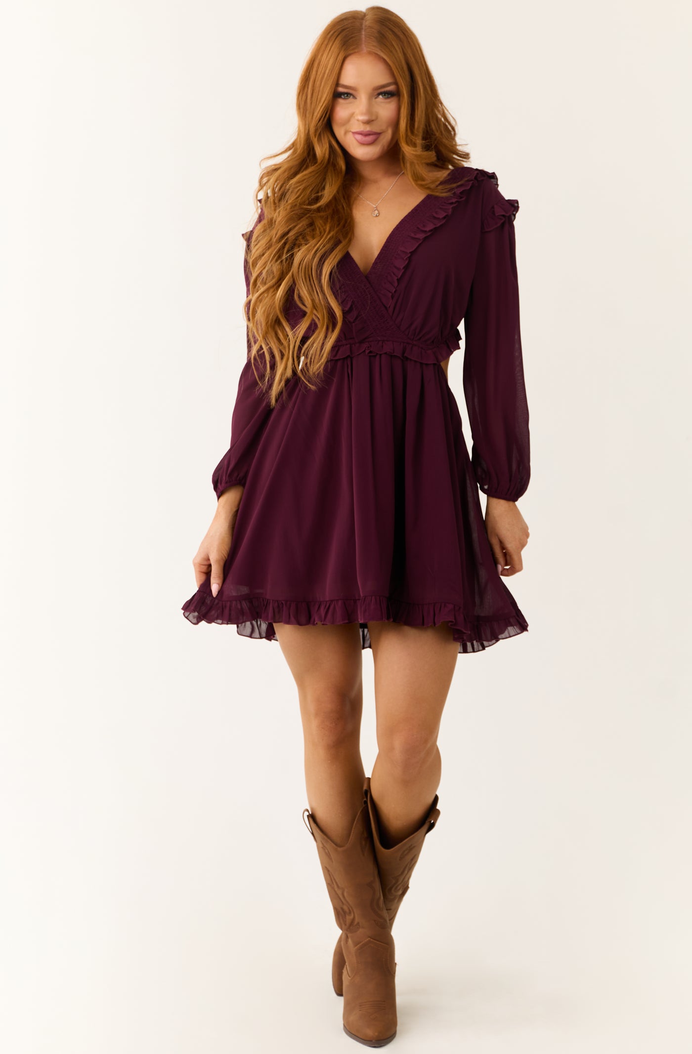 Eggplant Smocked Ruffle Long Sleeve Mini Dress