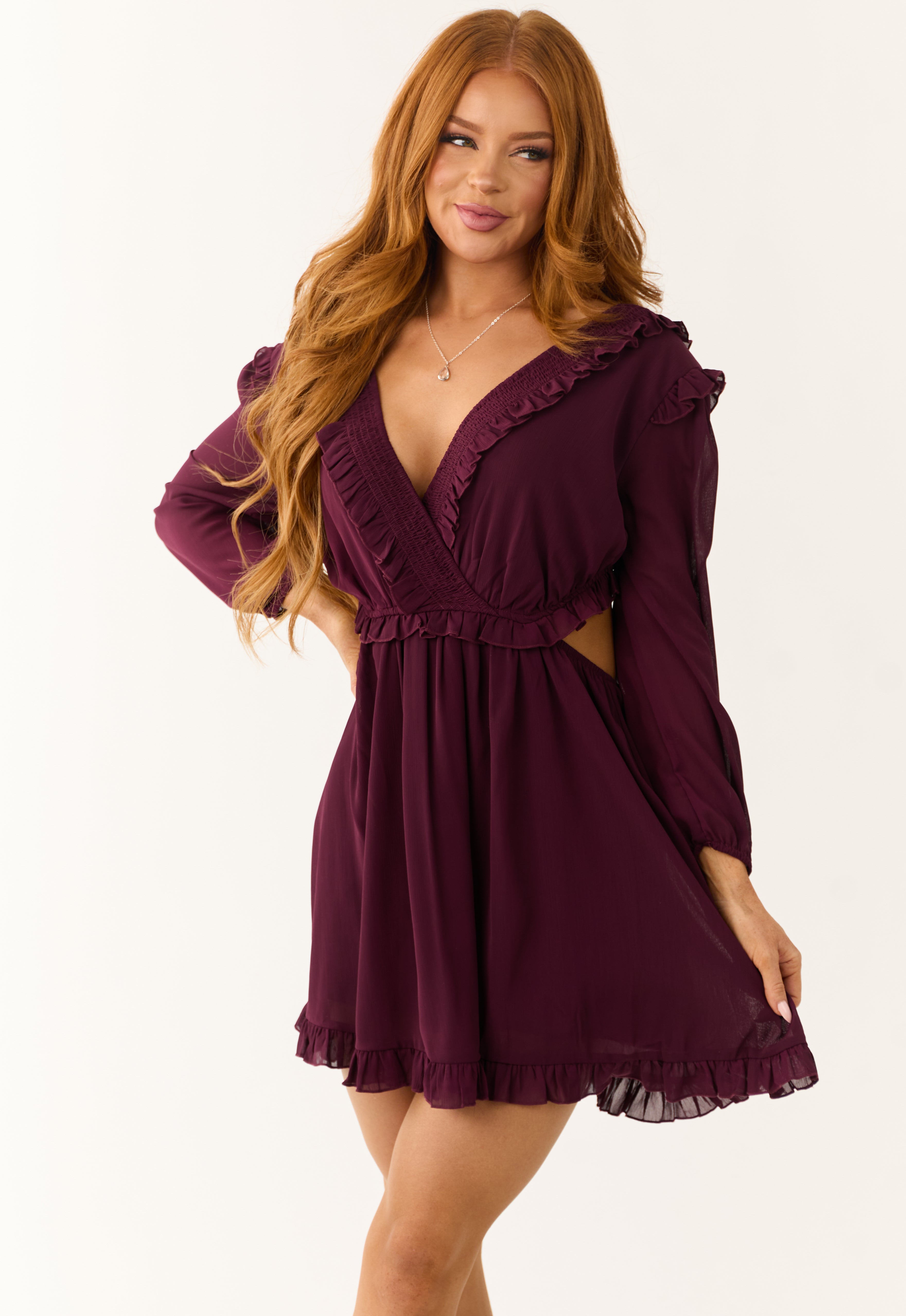 Eggplant Smocked Ruffle Long Sleeve Mini Dress