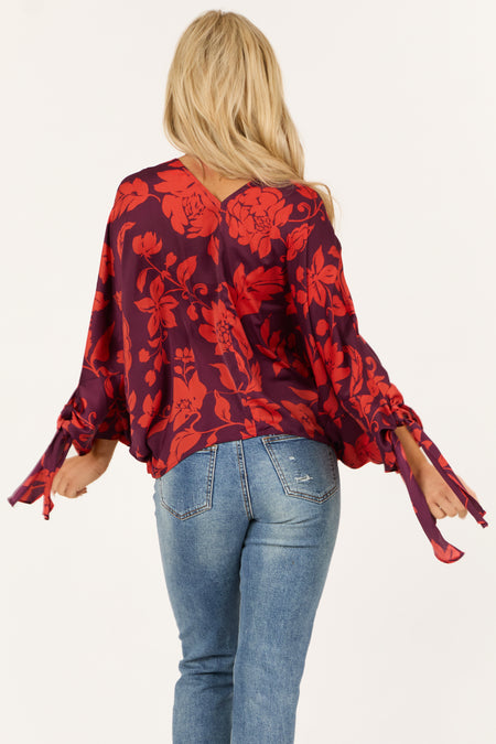 Eggplant and Scarlet Floral Dolman Sleeve Satin Top