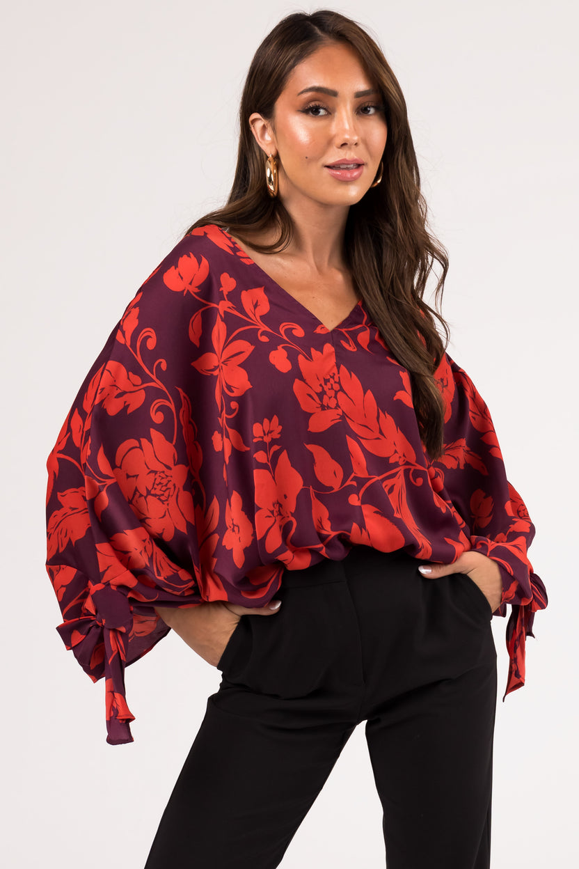 Eggplant and Scarlet Floral Dolman Sleeve Satin Top