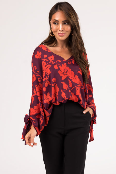 Eggplant and Scarlet Floral Dolman Sleeve Satin Top