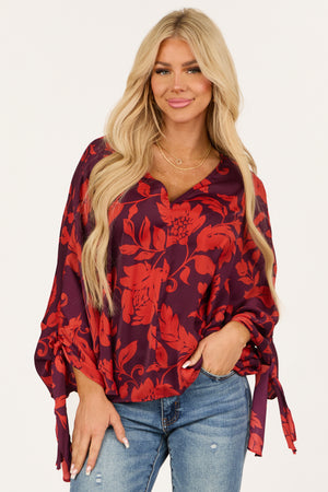 Eggplant and Scarlet Floral Dolman Sleeve Satin Top