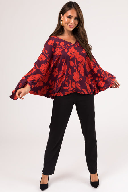 Eggplant and Scarlet Floral Dolman Sleeve Satin Top