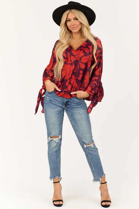 Eggplant and Scarlet Floral Dolman Sleeve Satin Top