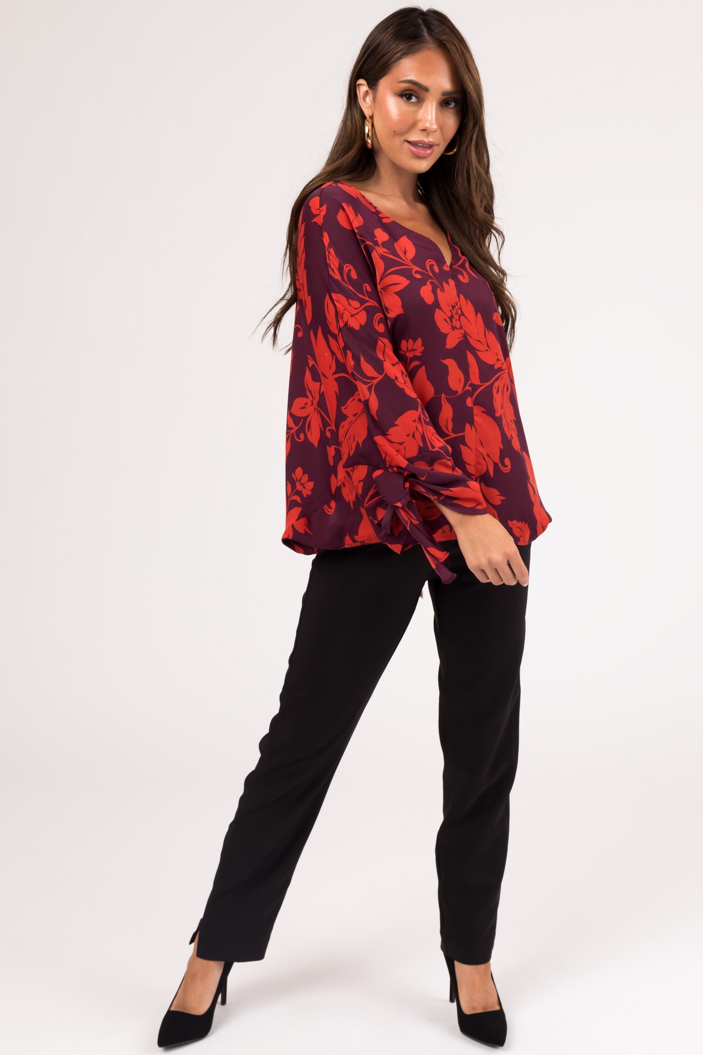 Eggplant and Scarlet Floral Dolman Sleeve Satin Top