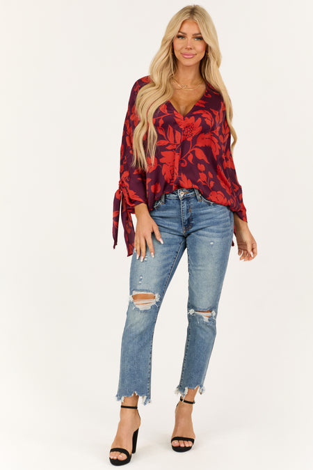 Eggplant and Scarlet Floral Dolman Sleeve Satin Top