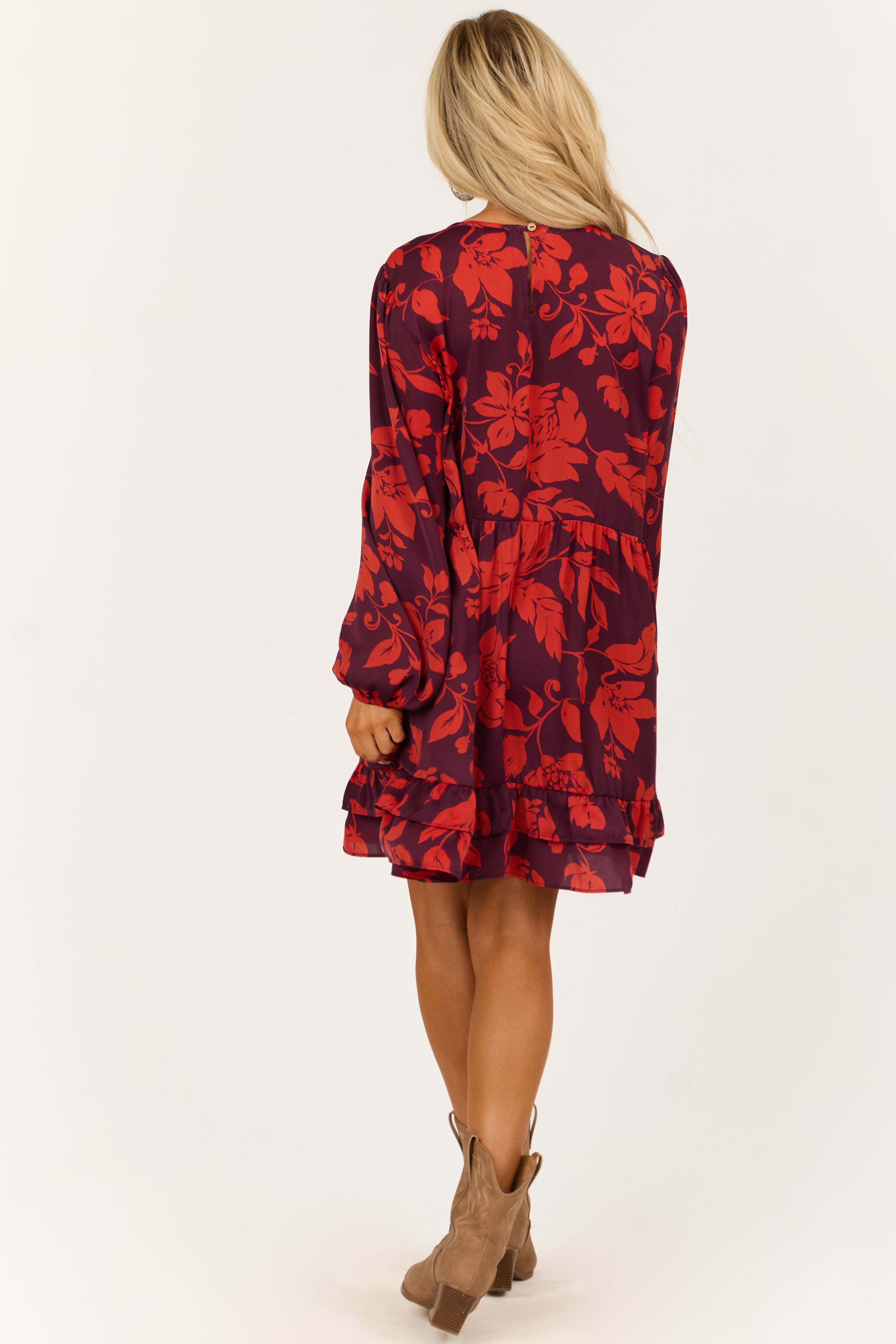 Eggplant and Scarlet Floral Print Satin Mini Dress