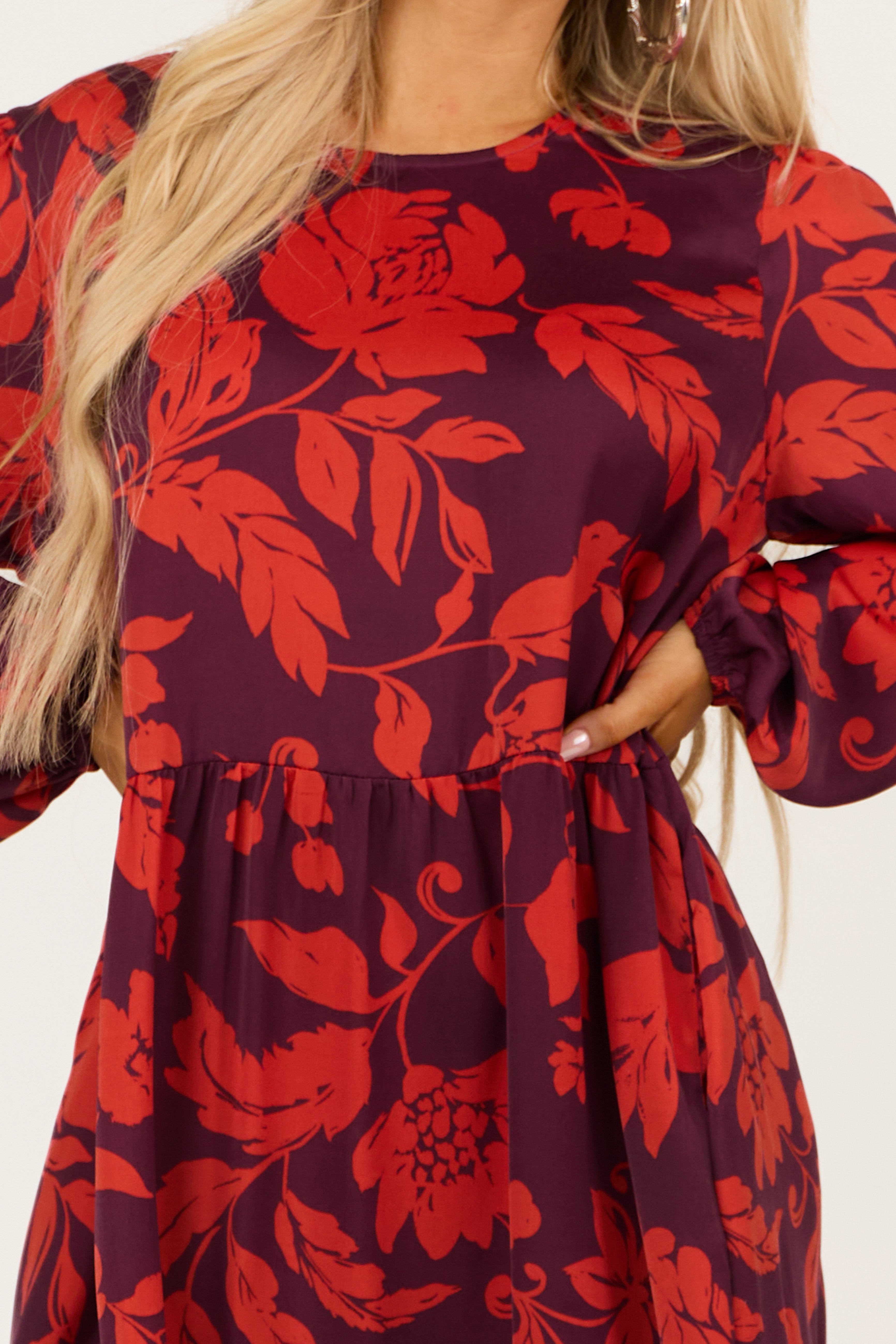 Eggplant and Scarlet Floral Print Satin Mini Dress