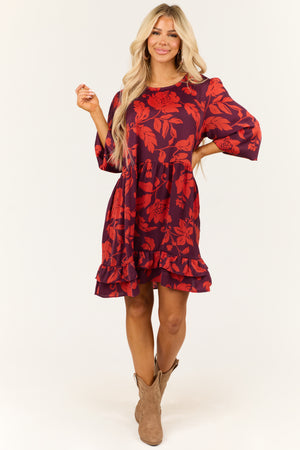 Eggplant and Scarlet Floral Print Satin Mini Dress