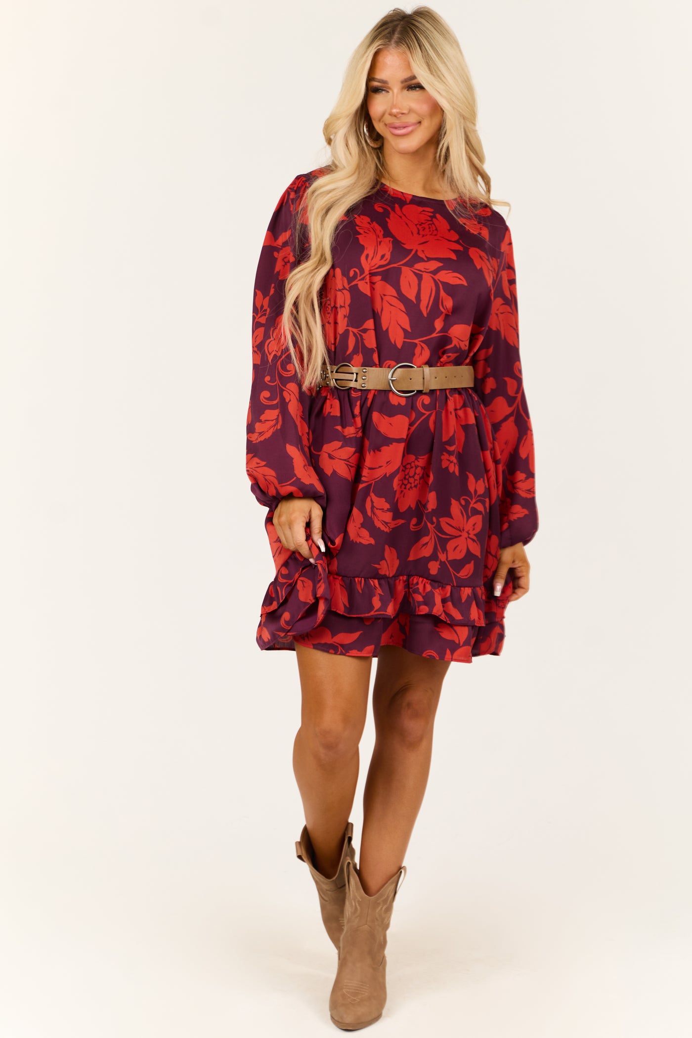 Eggplant and Scarlet Floral Print Satin Mini Dress