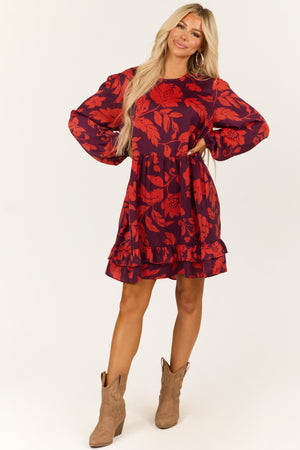 Eggplant and Scarlet Floral Print Satin Mini Dress