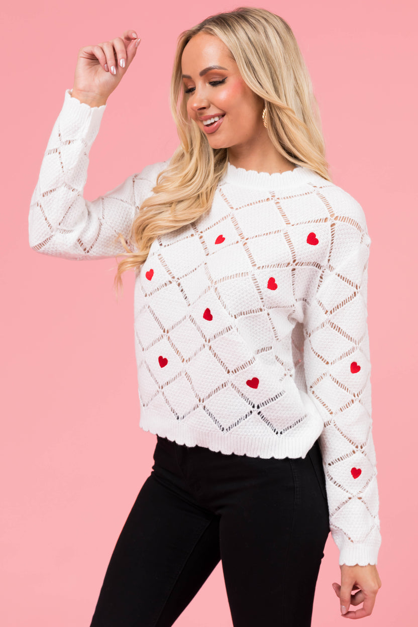 Eggshell Heart Embroidered Crochet Sweater