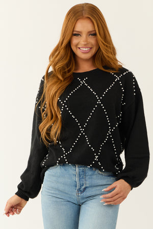 Ellie Black Diamond Pattern Pearl Beaded Sweater