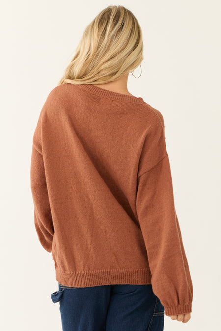 Ellie Cognac Diamond Pattern Pearl Beaded Sweater