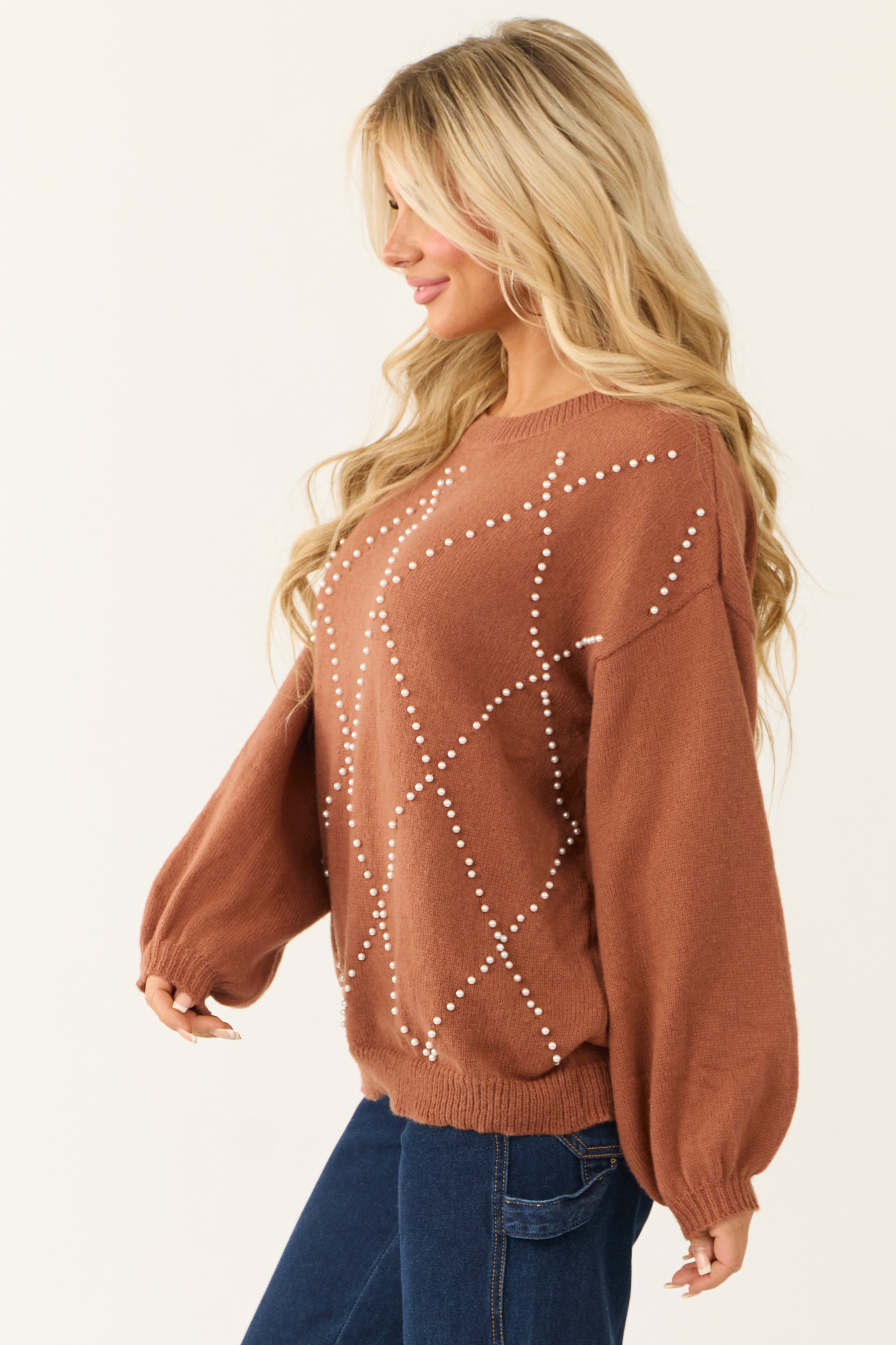 Ellie Cognac Diamond Pattern Pearl Beaded Sweater