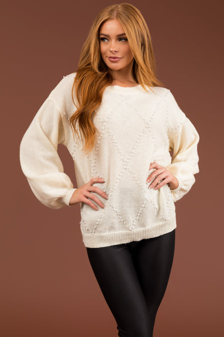 Ellie Cream Diamond Pattern Pearl Beaded Sweater