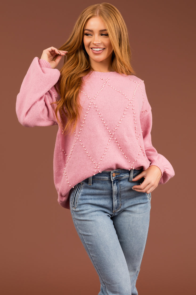 Ellie Hazy Mauve Diamond Pattern Pearl Beaded Sweater