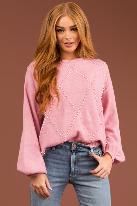 Ellie Hazy Mauve Diamond Pattern Pearl Beaded Sweater