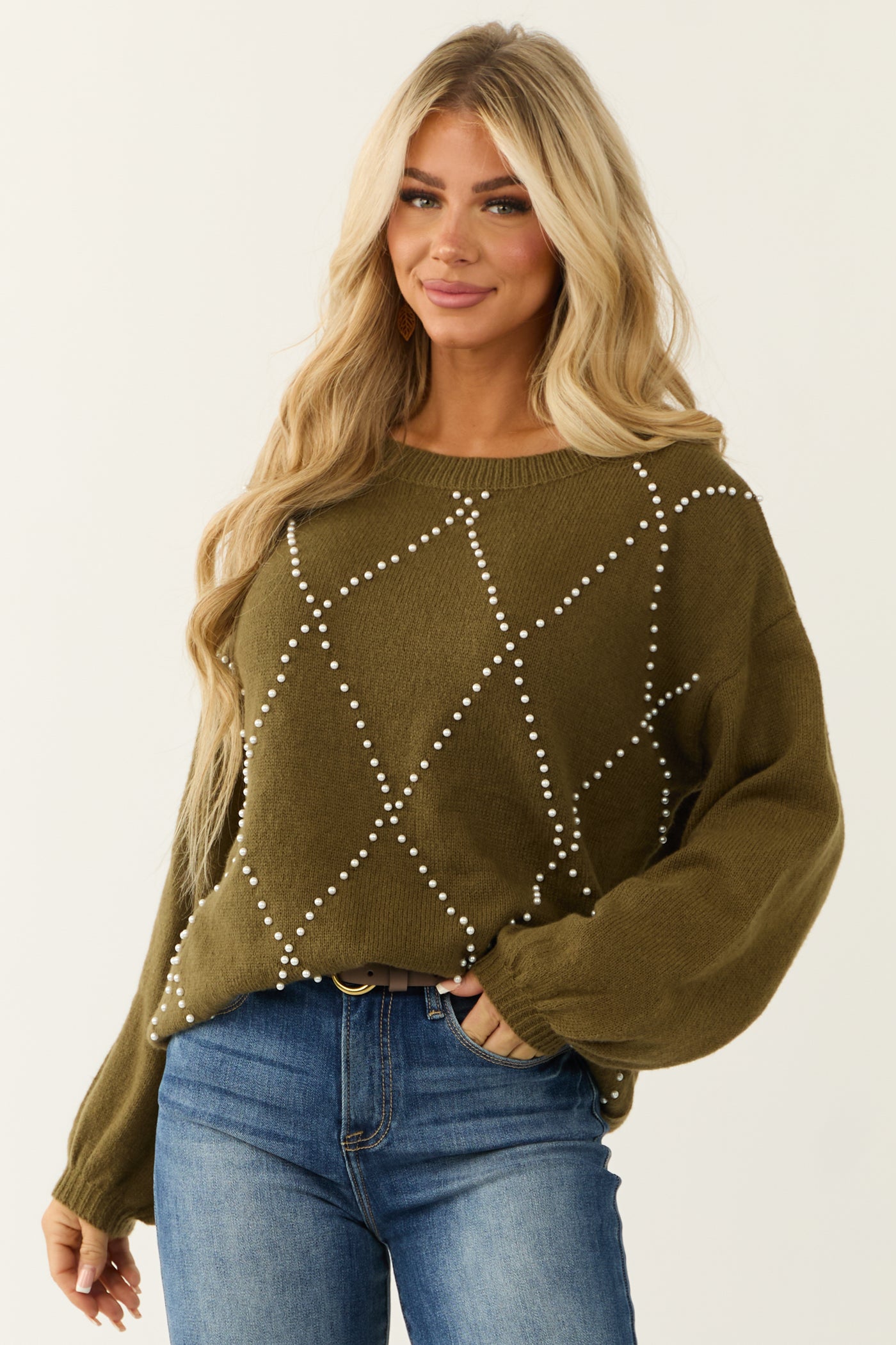 Ellie Olive Diamond Pattern Pearl Beaded Sweater