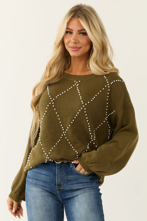 Ellie Olive Diamond Pattern Pearl Beaded Sweater