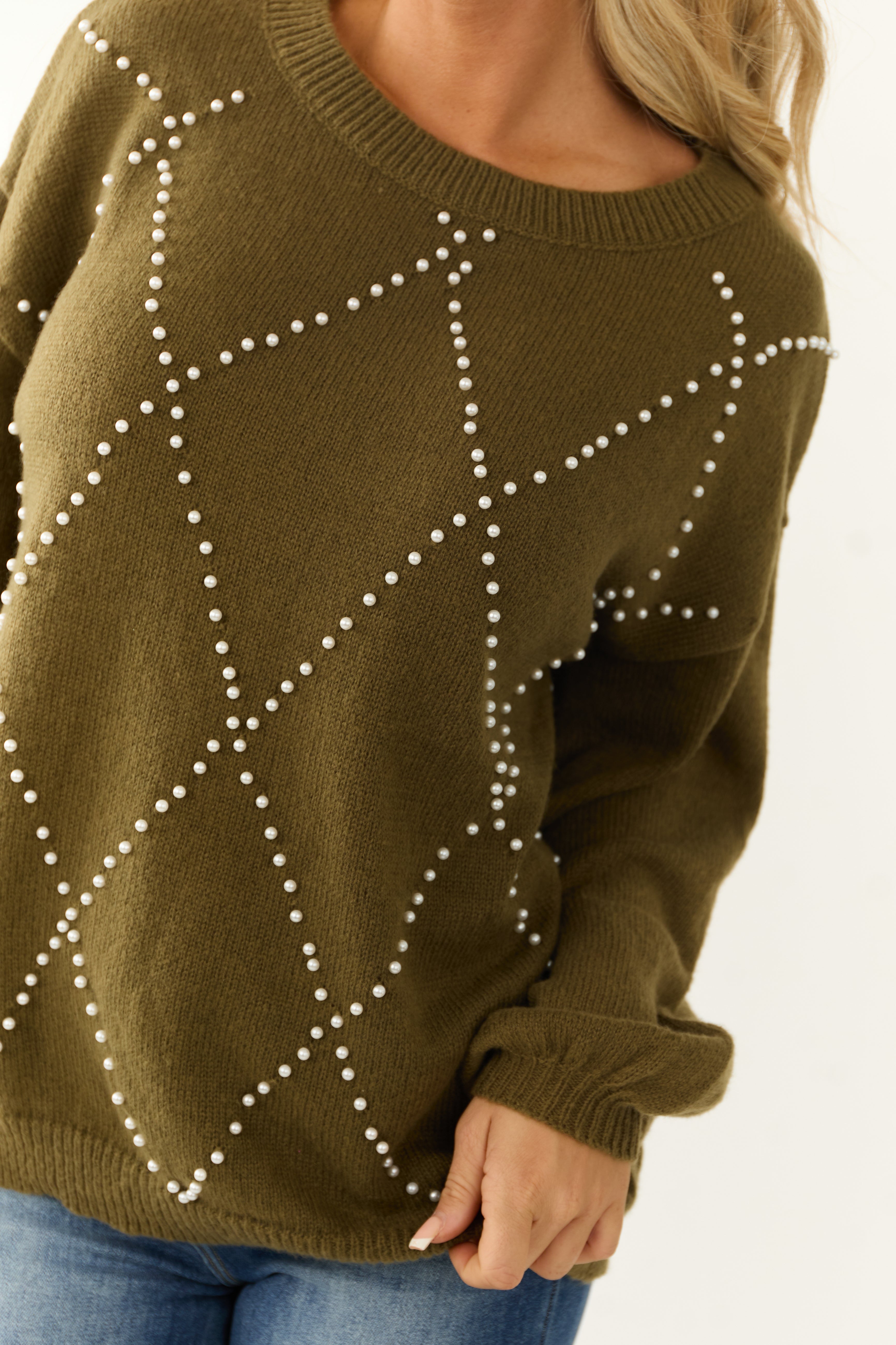 Ellie Olive Diamond Pattern Pearl Beaded Sweater