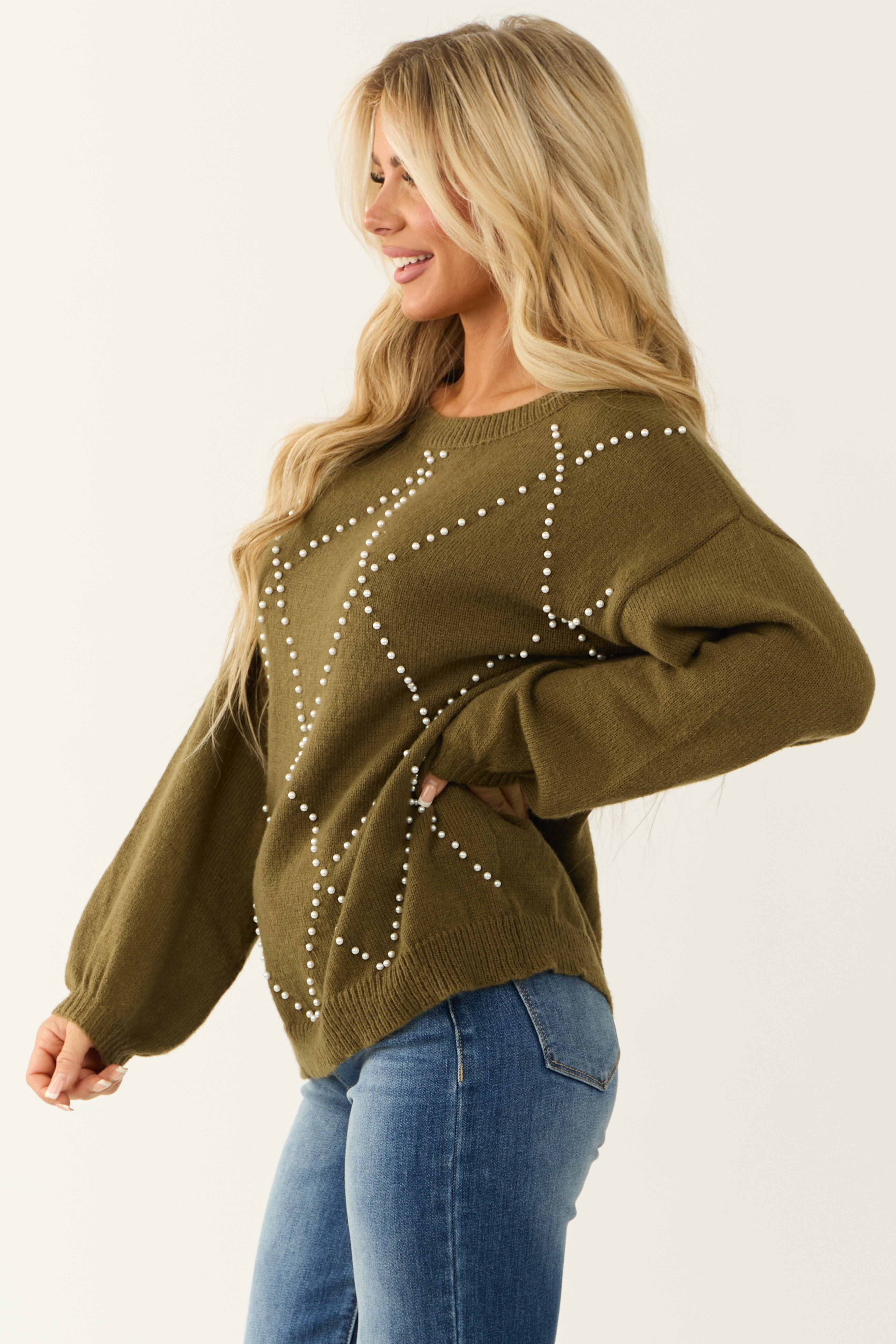 Ellie Olive Diamond Pattern Pearl Beaded Sweater