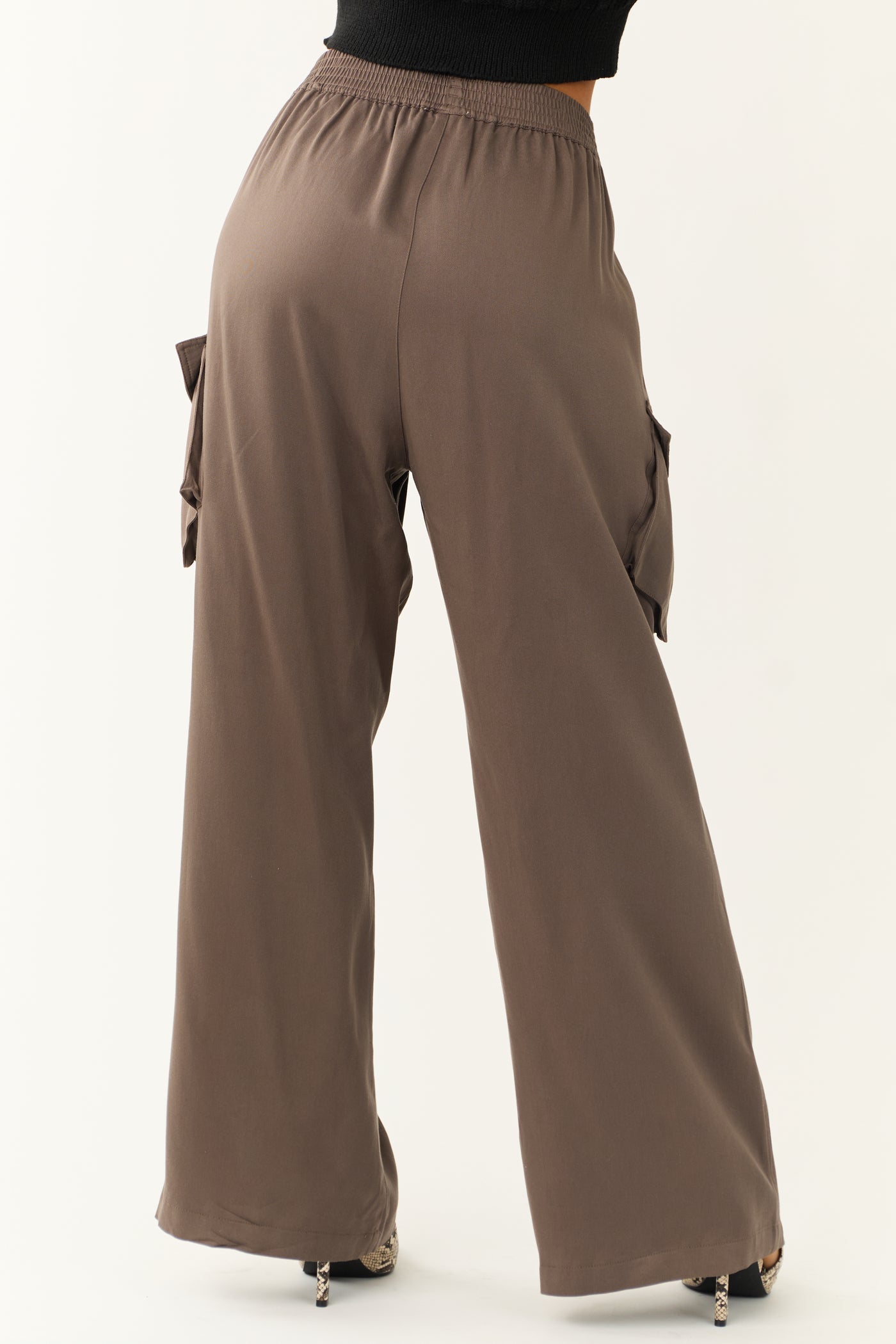 Espresso Wide Leg Smocked Waist Cargo Pants