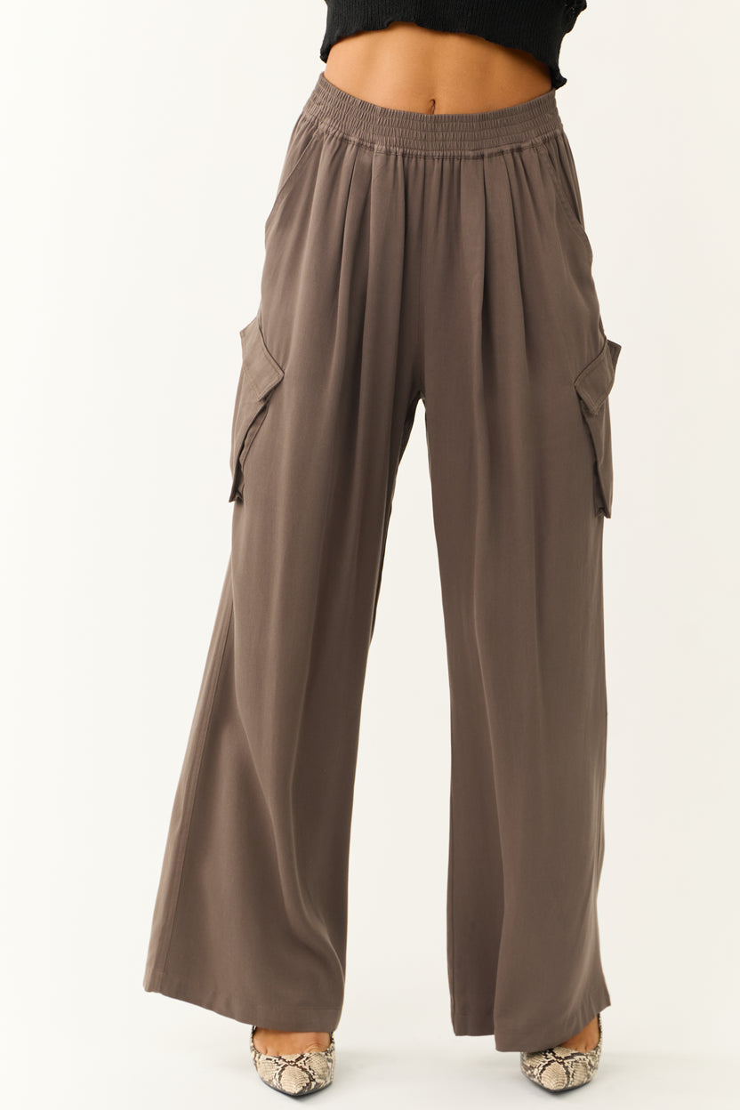 Espresso Wide Leg Smocked Waist Cargo Pants