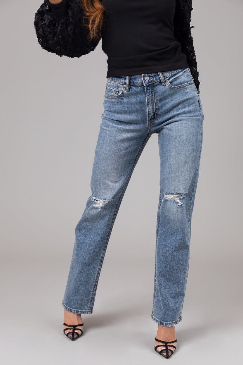 Eunina Medium Wash High Rise Straight Leg Distressed Jeans