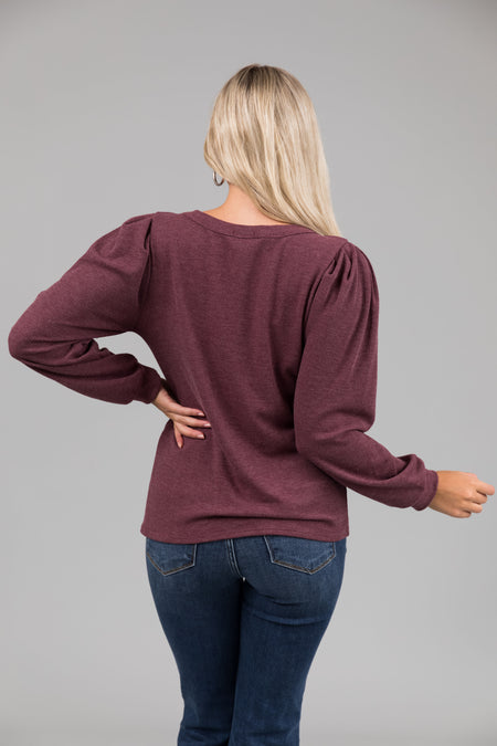 Faded Berry Puff Shoulder Thermal Knit Top