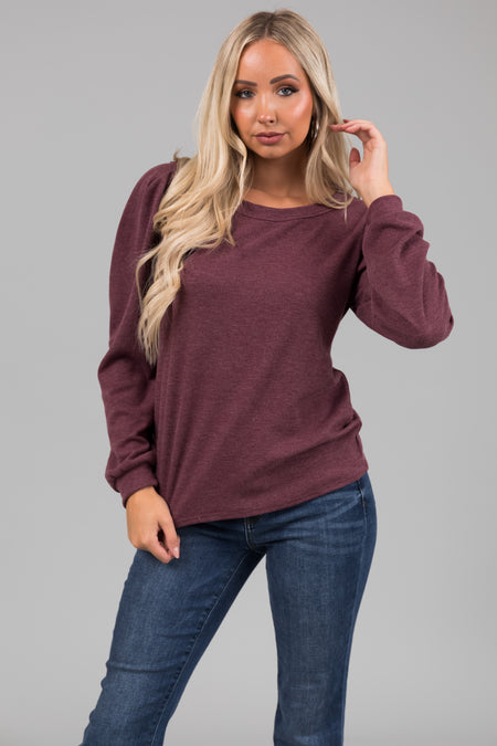 Faded Berry Puff Shoulder Thermal Knit Top