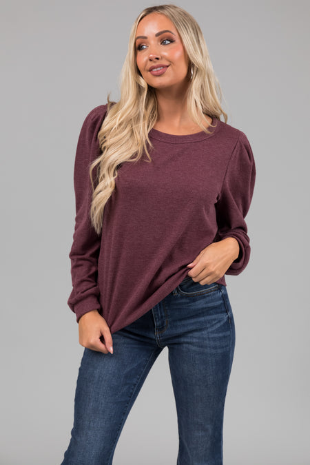 Faded Berry Puff Shoulder Thermal Knit Top