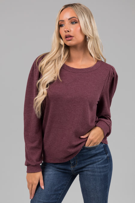 Faded Berry Puff Shoulder Thermal Knit Top