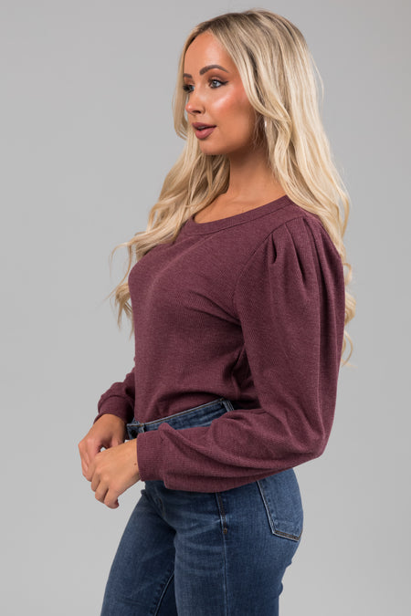 Faded Berry Puff Shoulder Thermal Knit Top