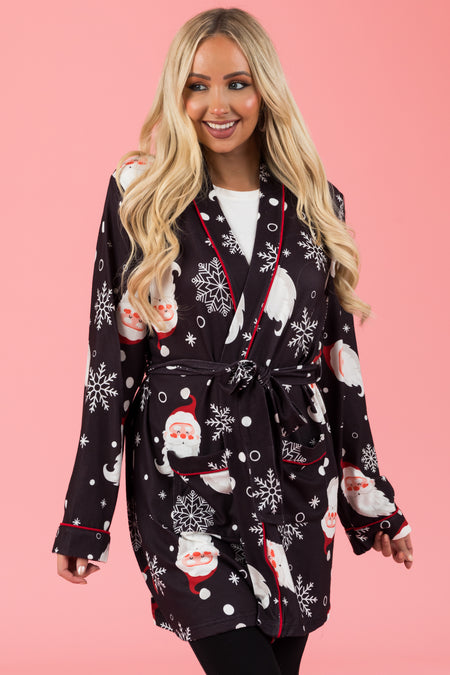 Faded Black Santa Print Soft Mid Length Robe