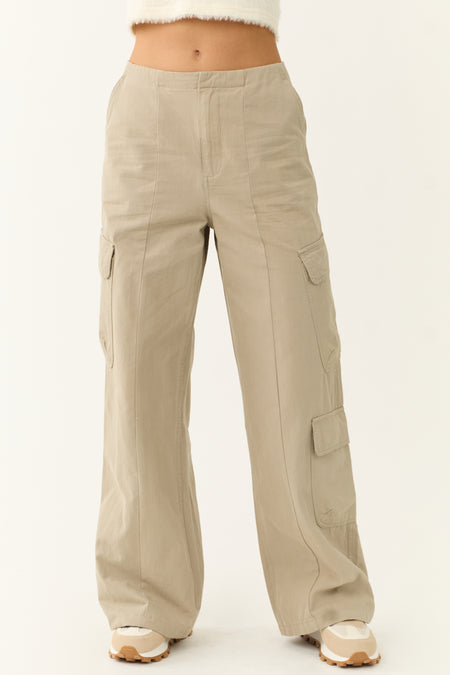 Faded Olive Mid Rise Wide Leg Cargo Pants