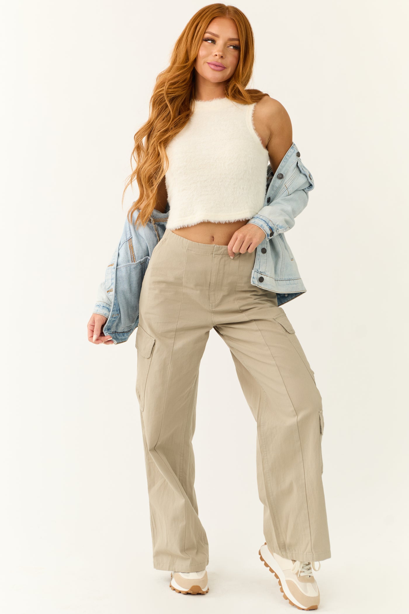 Faded Olive Mid Rise Wide Leg Cargo Pants