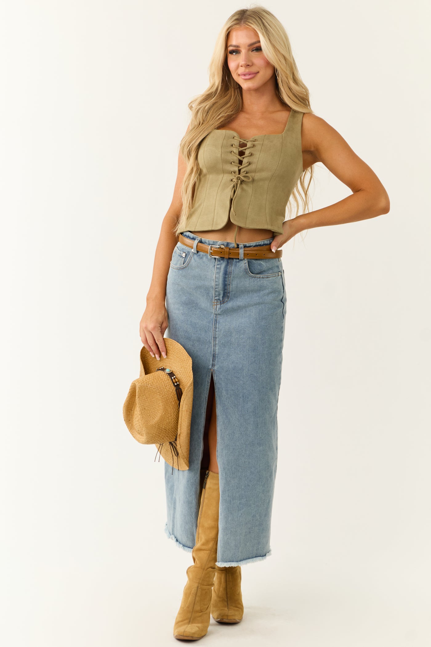 Faded Olive Princess Line Front Tie Cropped Top