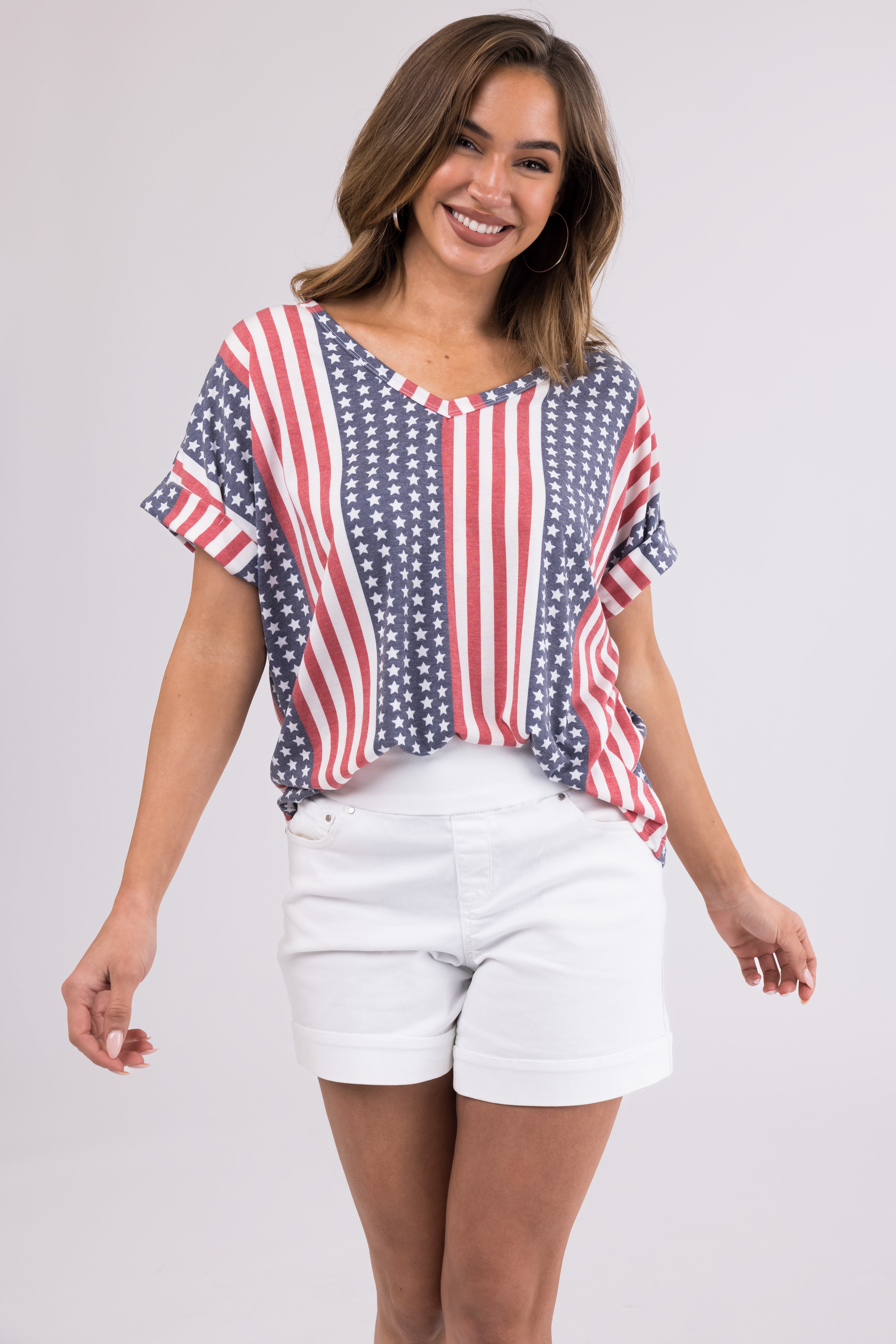 Faded Stars and Stripes V Neck Cuffed Tee Shirt