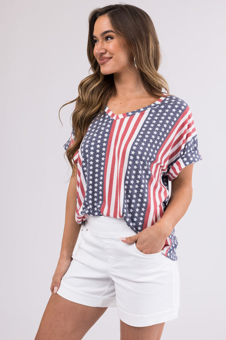 Faded Stars and Stripes V Neck Cuffed Tee Shirt