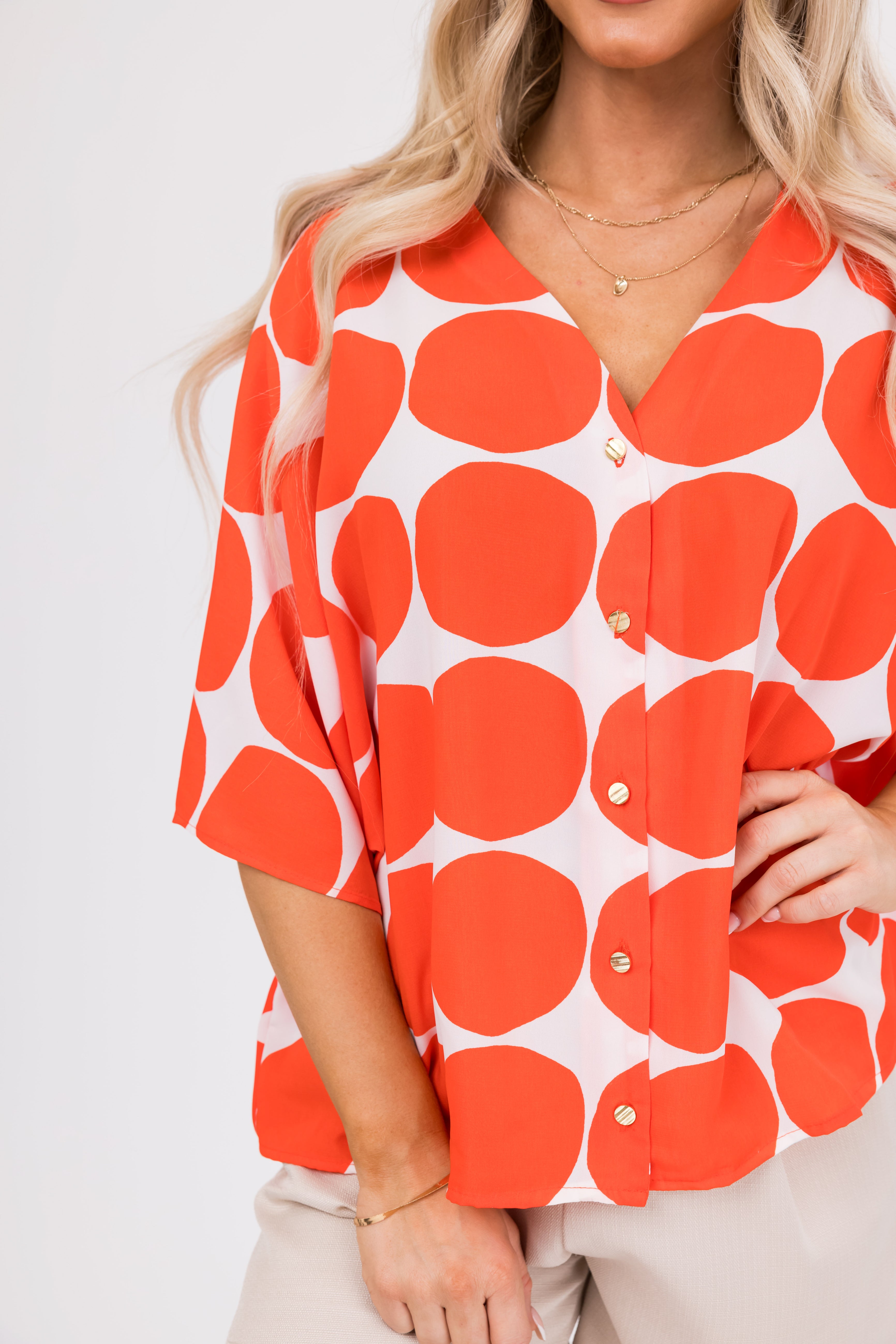 Fire Dot Print V Neck Oversized Blouse